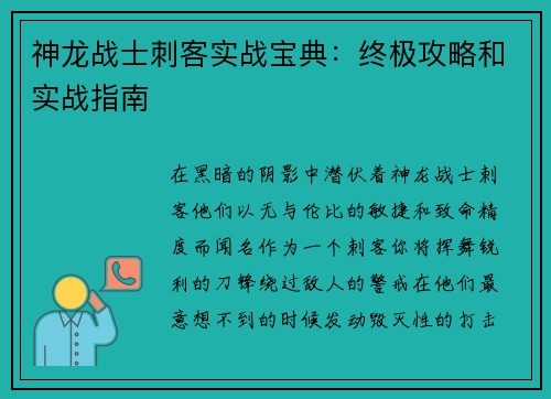 神龙战士刺客实战宝典:终极攻略和实战指南